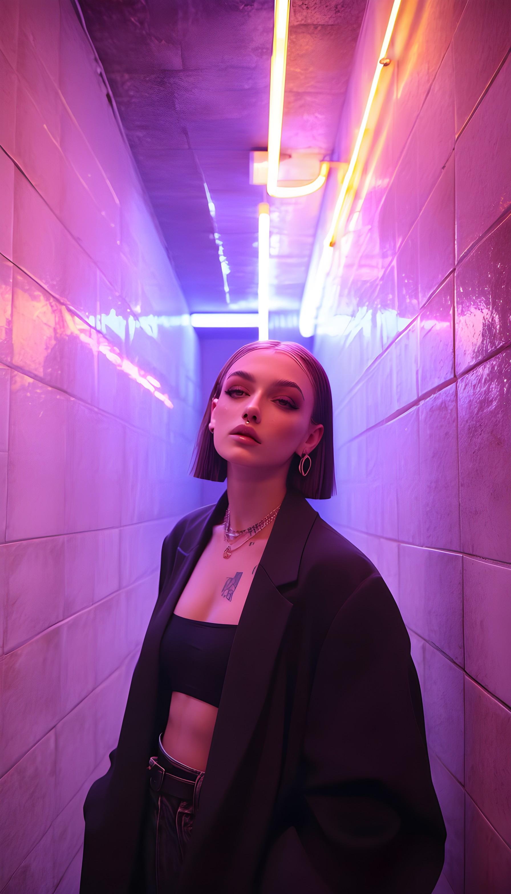 Neon Cyberpunk Girl Portrait | Aesthetic Urban Alley, neon aesthetic, cyberpunk girl, urban style, purple light, pink glow, futuristic fashion