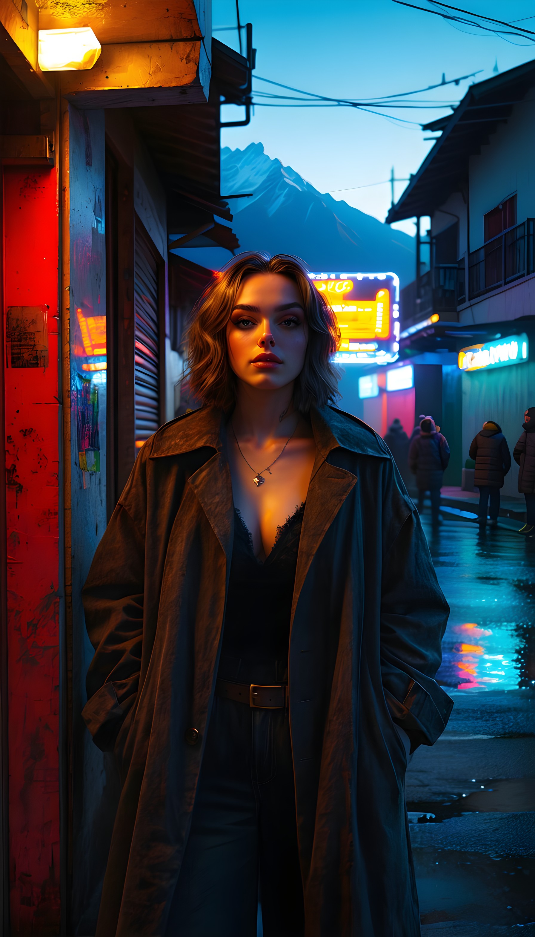 Mysterious Woman Neon Japanese Street at Night, woman, neon city, rainy night, cyberpunk, trench coat, moody