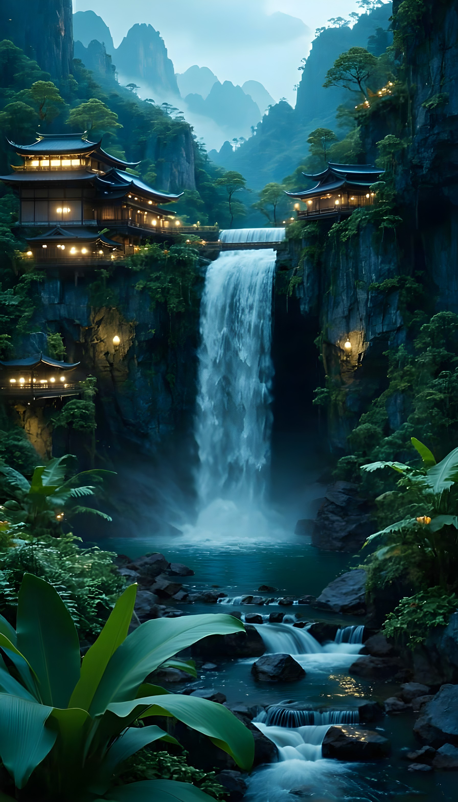 Mystical Asian Waterfall Temples at Twilight, asian temple, waterfall, mystical landscape, mountain, lush forest, twilight