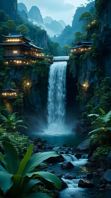 Mystical Asian Waterfall Temples at Twilight