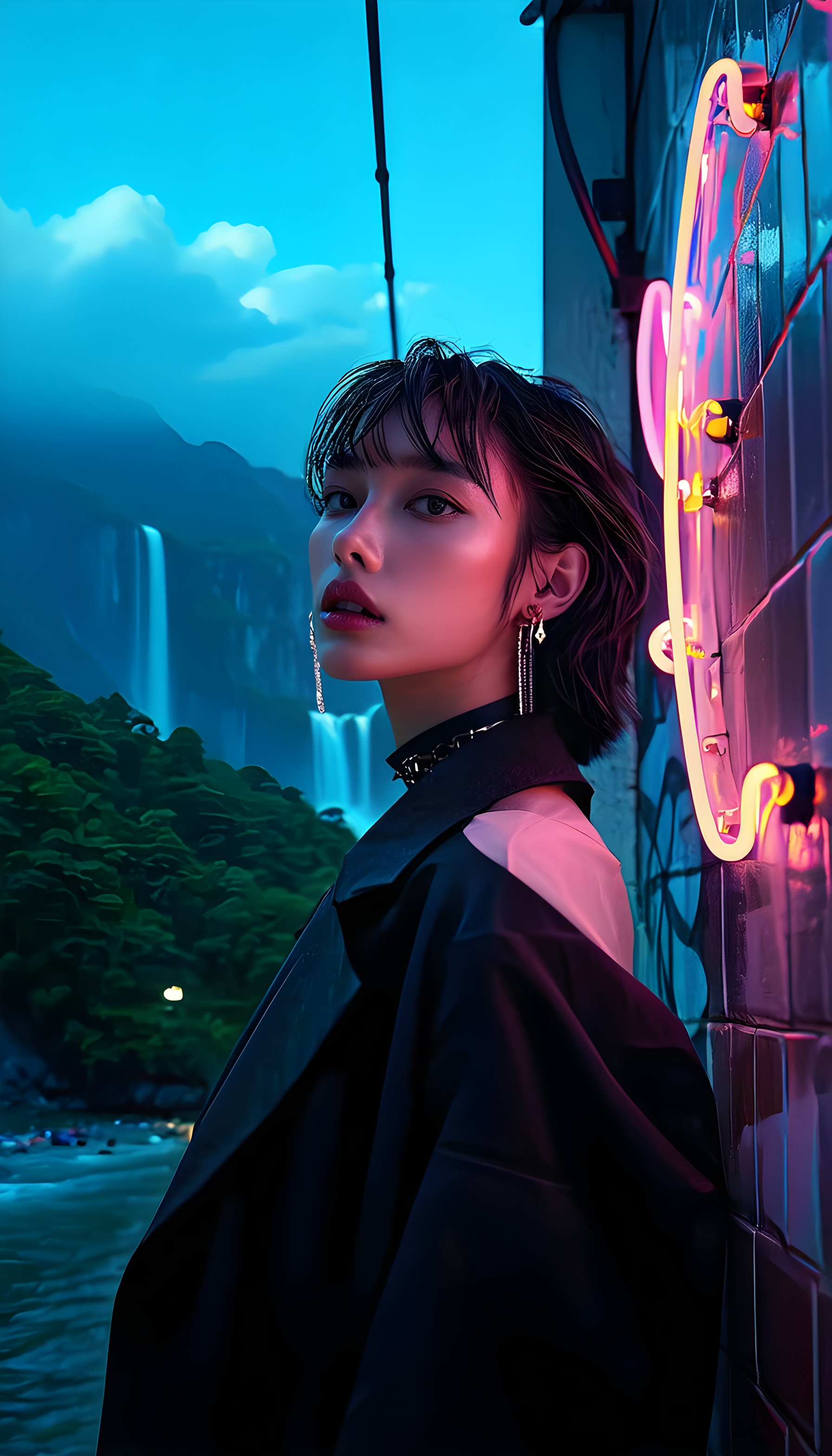 Neon Glow Urban Nature Portrait Wallpaper, neon, cyberpunk, aesthetic, urban, nature, waterfall