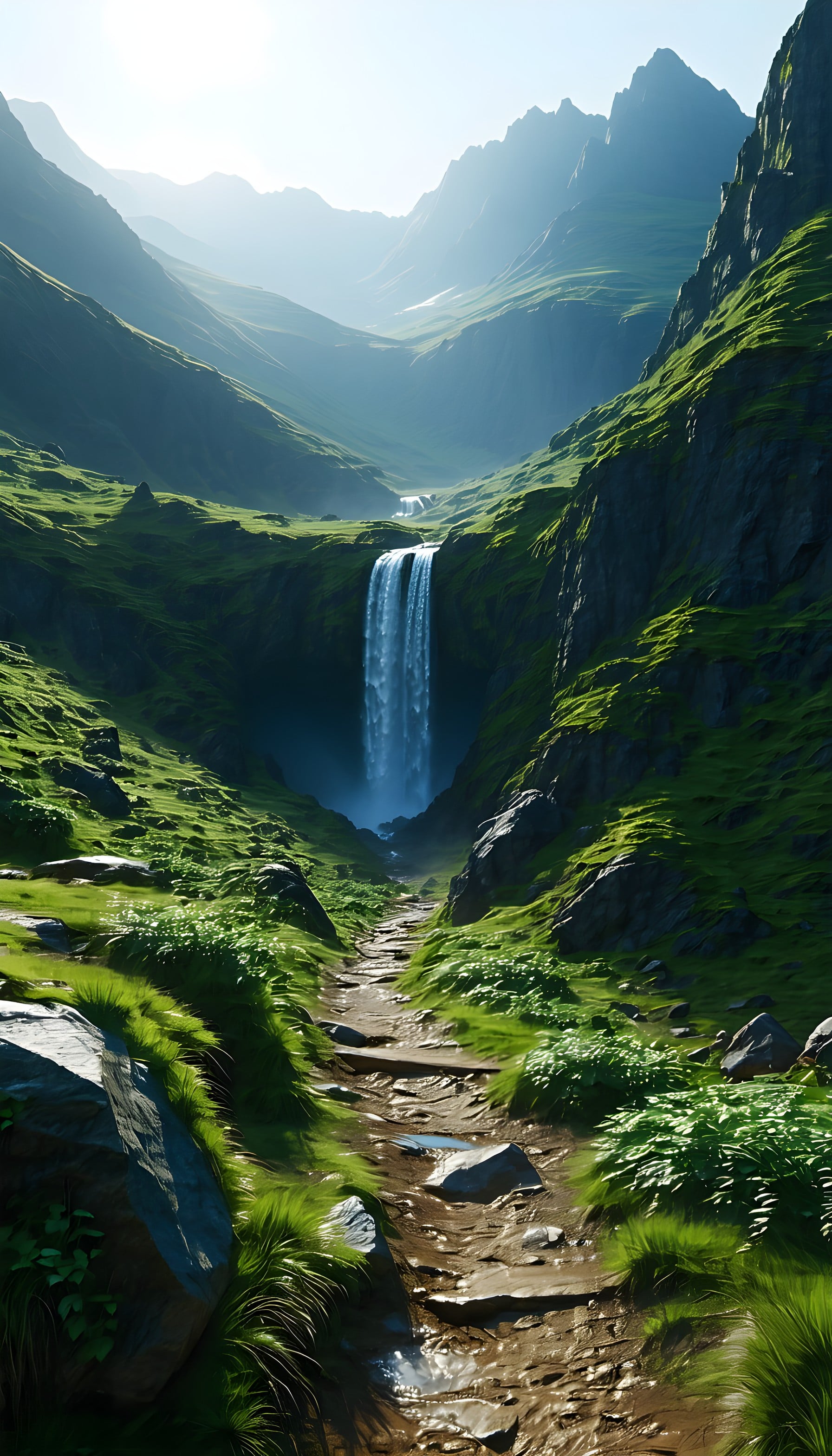 Lush Green Mountain Valley Waterfall Path, waterfall, mountains, valley, hiking path, lush green, nature