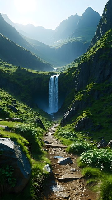 Lush Green Mountain Valley Waterfall Path
