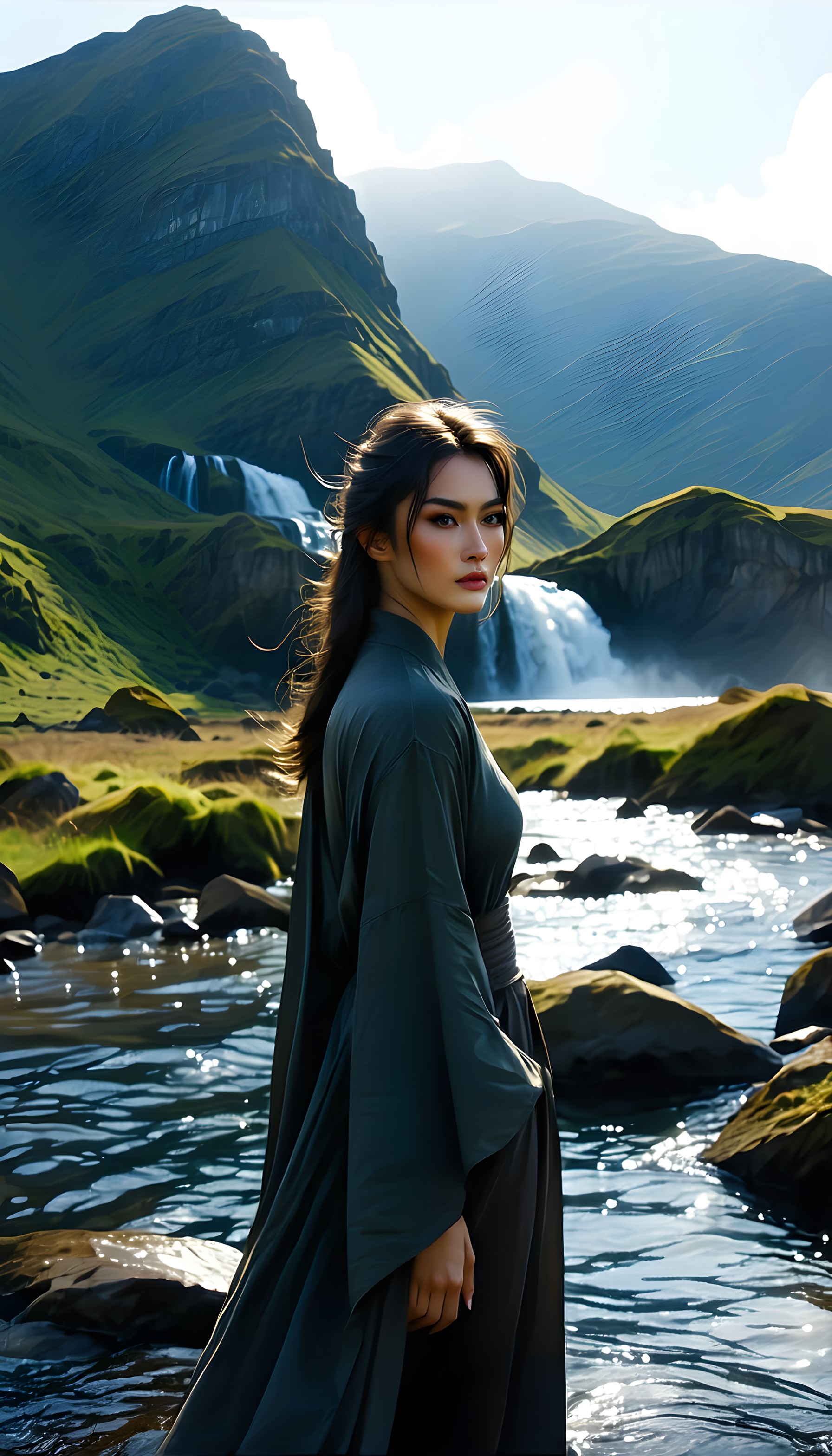Elegant Woman & Serene Waterfalls Mobile Wallpaper, woman, waterfall, mountains, nature, serene, elegant
