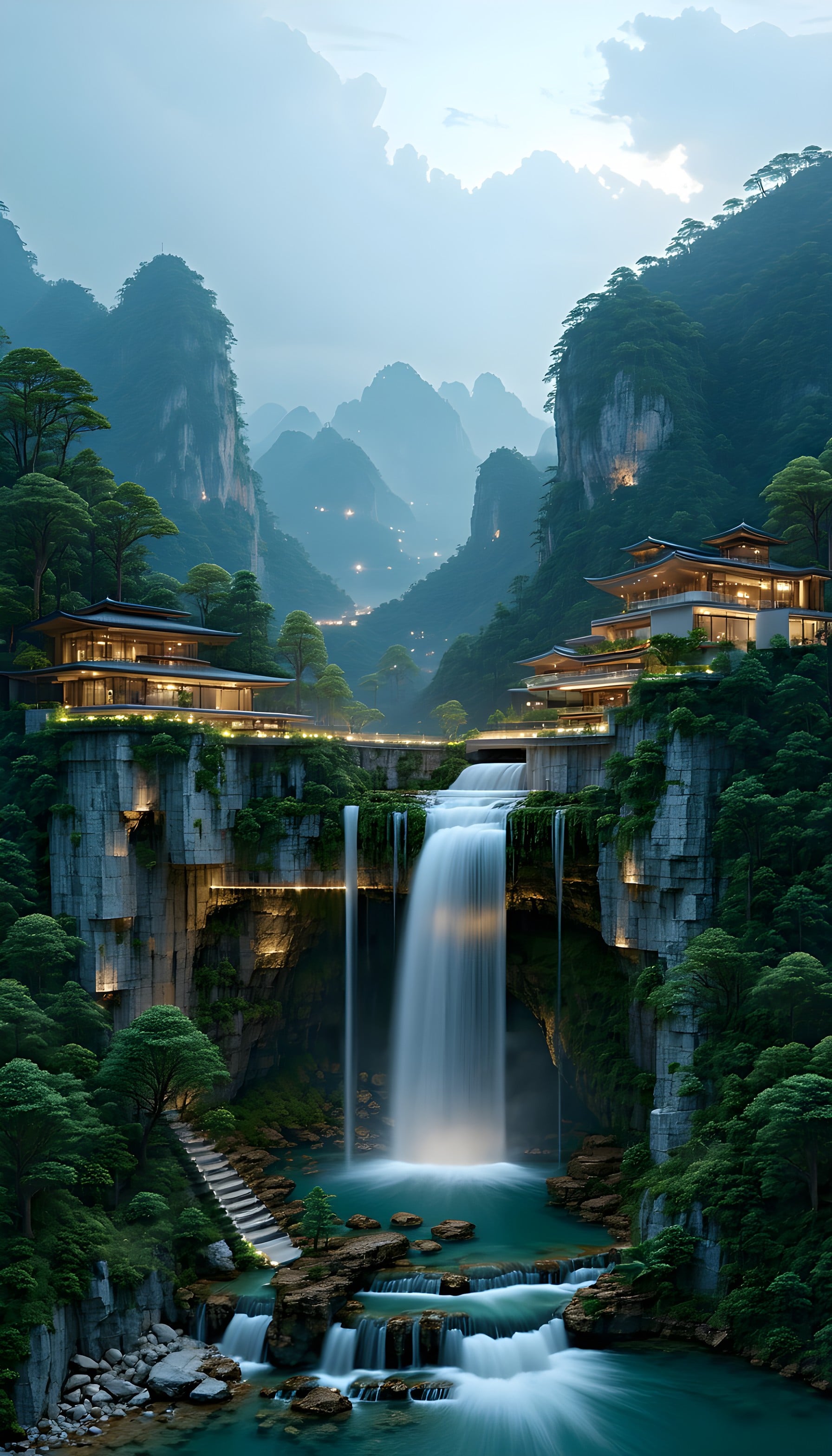 Misty Mountain Waterfall Sanctuary Resort, waterfall, mountain, nature, sanctuary, luxury resort, asian architecture