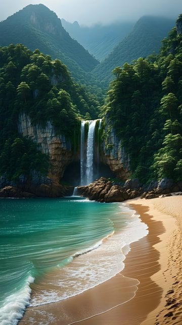 Tropical Waterfall Beach Paradise Mobile Wallpaper