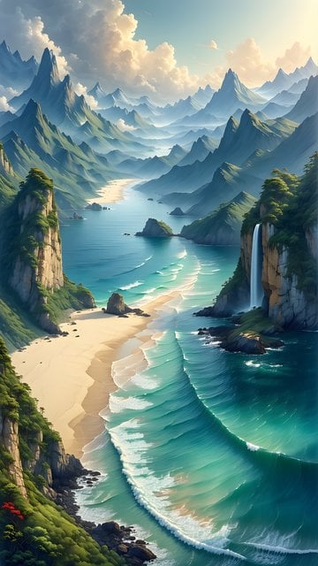 Vivid Tropical Beach Waterfall Mountain Landscape