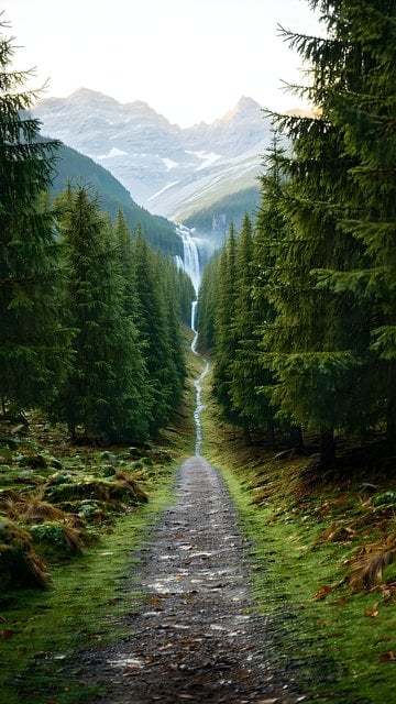 Serene Forest Path, Waterfall & Snow-Capped Mountains