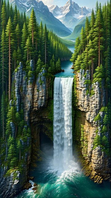 Vibrant Waterfall Valley Alpine Forest Wallpaper