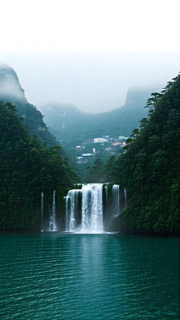 Misty Mountain Waterfall Village over Teal Lake