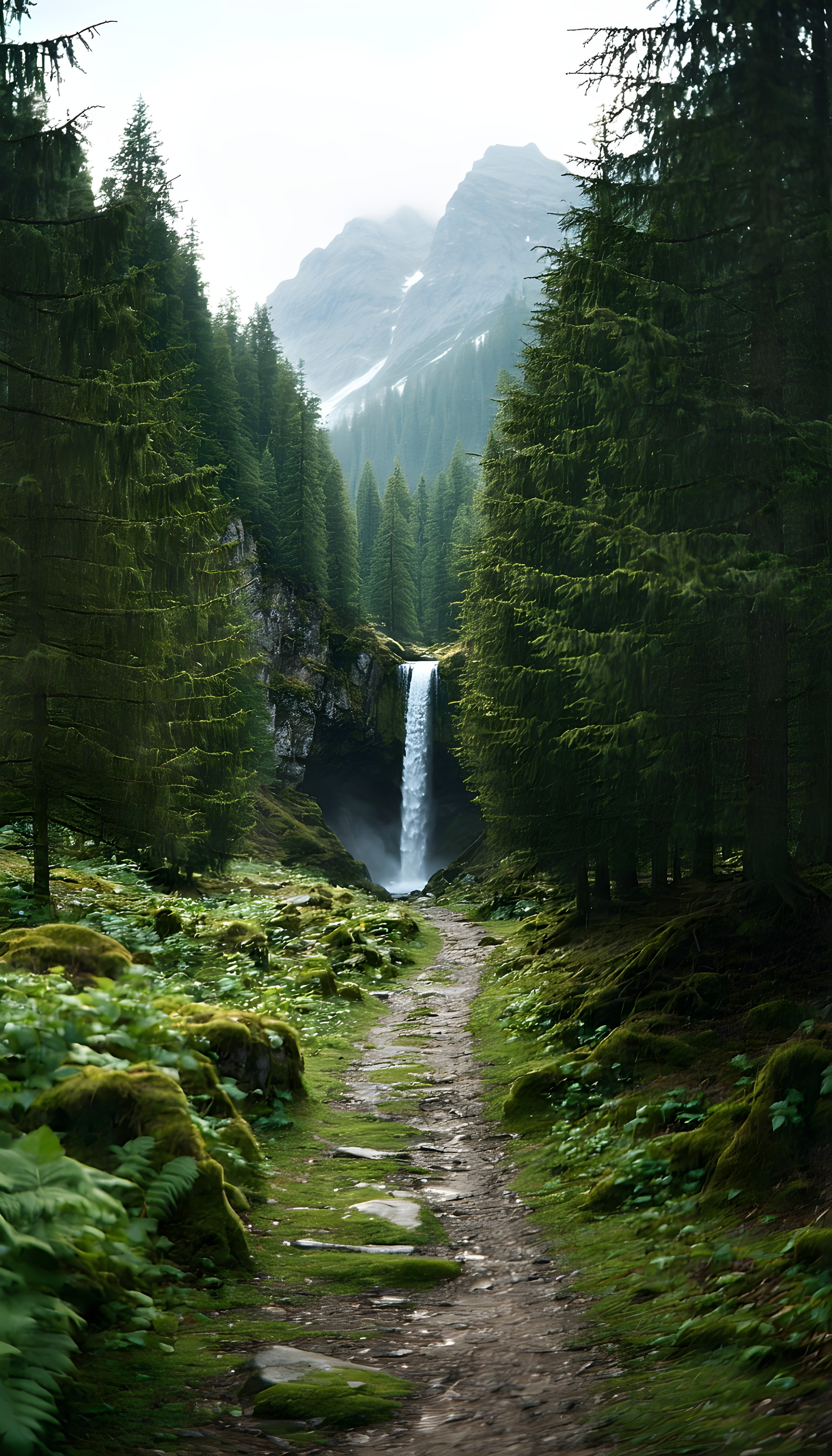 Enchanted Forest Path to Misty Mountain Waterfall, forest, waterfall, nature, mountains, path, moss