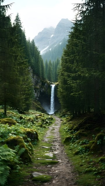 Enchanted Forest Path to Misty Mountain Waterfall