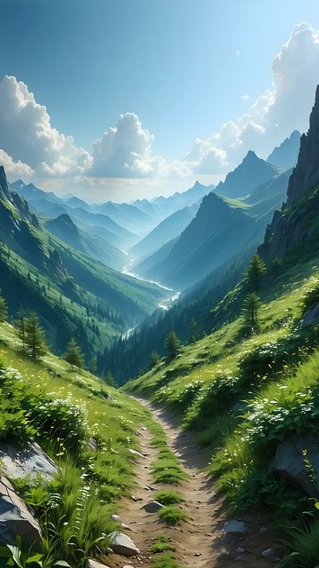 Lush Green Mountain Valley Path Mobile Wallpaper