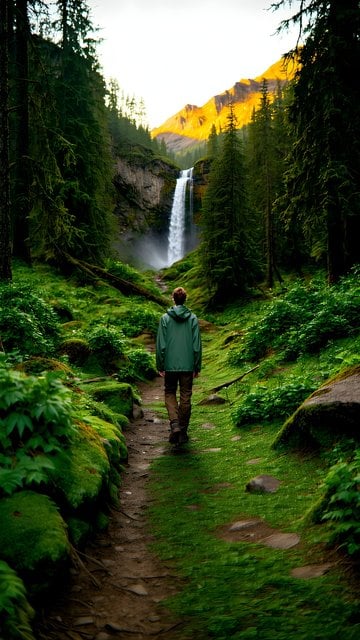 Lush Forest Waterfall Hike Golden Hour