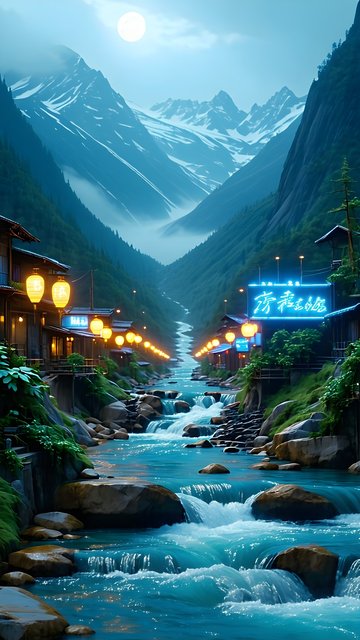 Fantasy Mountain River Village with Lanterns & Moonlight