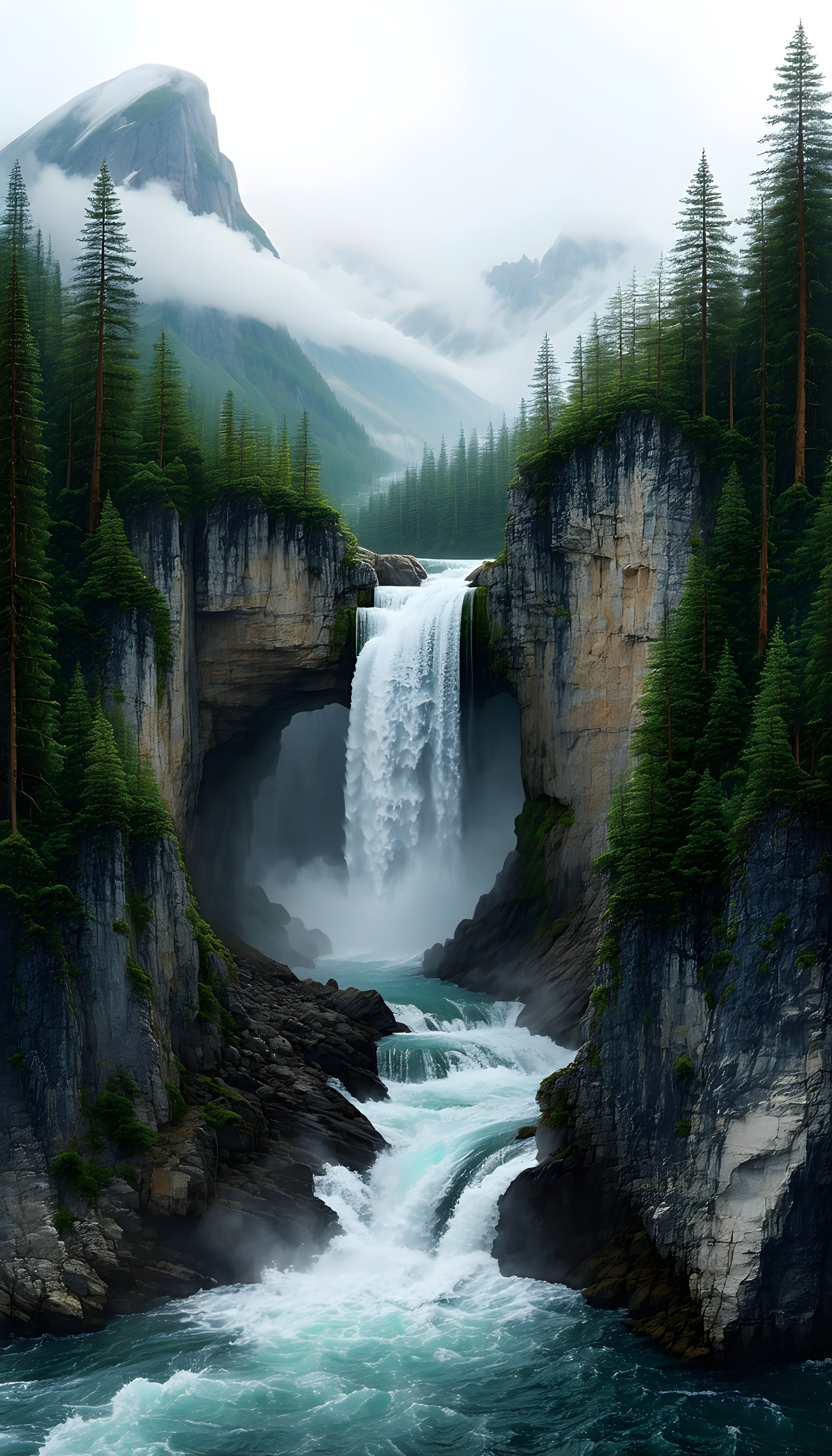 Majestic Canyon Waterfall in Misty Mountain Forest, waterfall, canyon, mountains, forest, nature, landscape