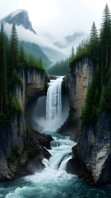 Majestic Canyon Waterfall in Misty Mountain Forest
