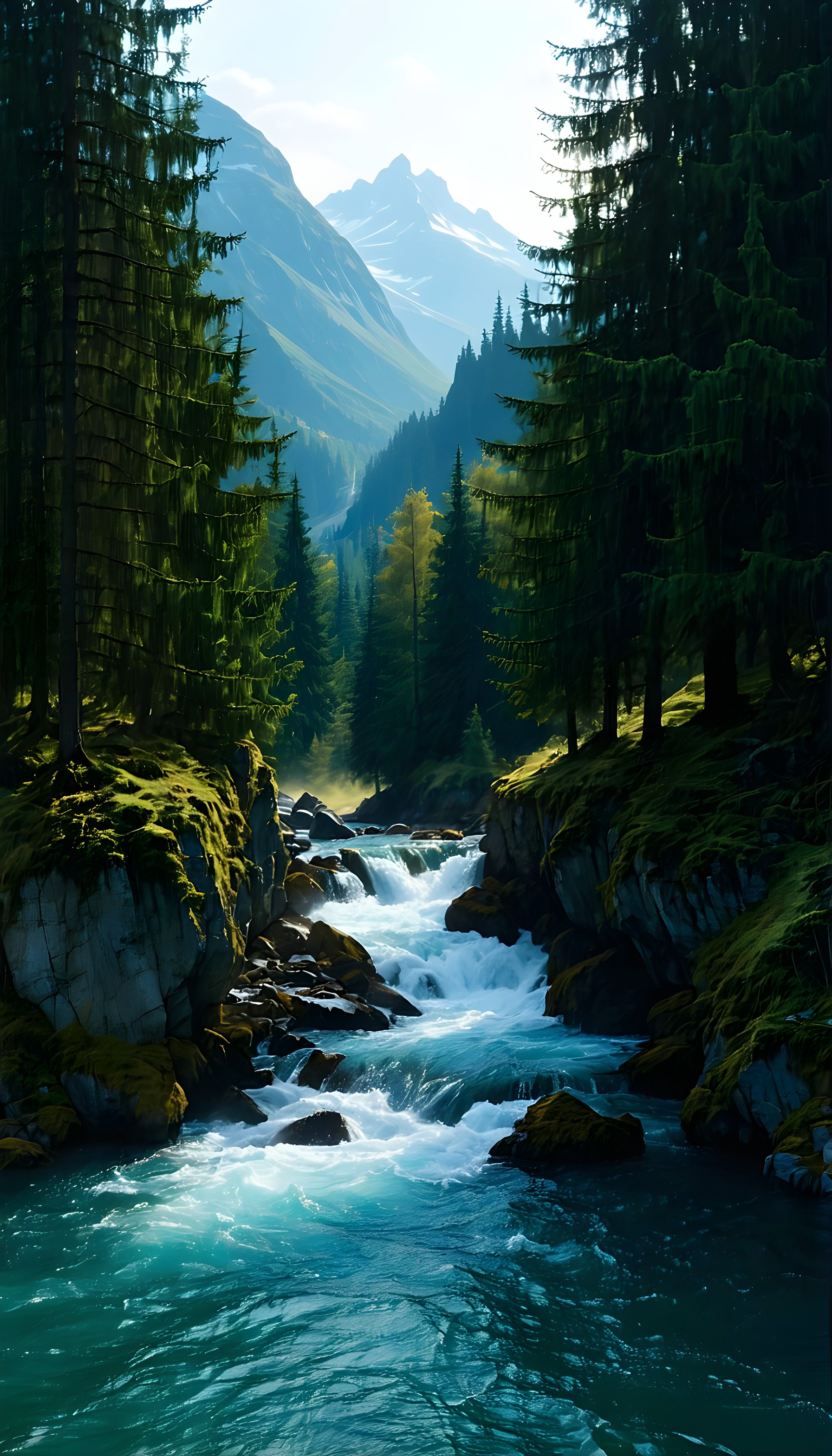 Majestic Alpine River & Forest Valley Wallpaper, mountain river, forest, waterfall, alpine landscape, nature wallpaper, green blue