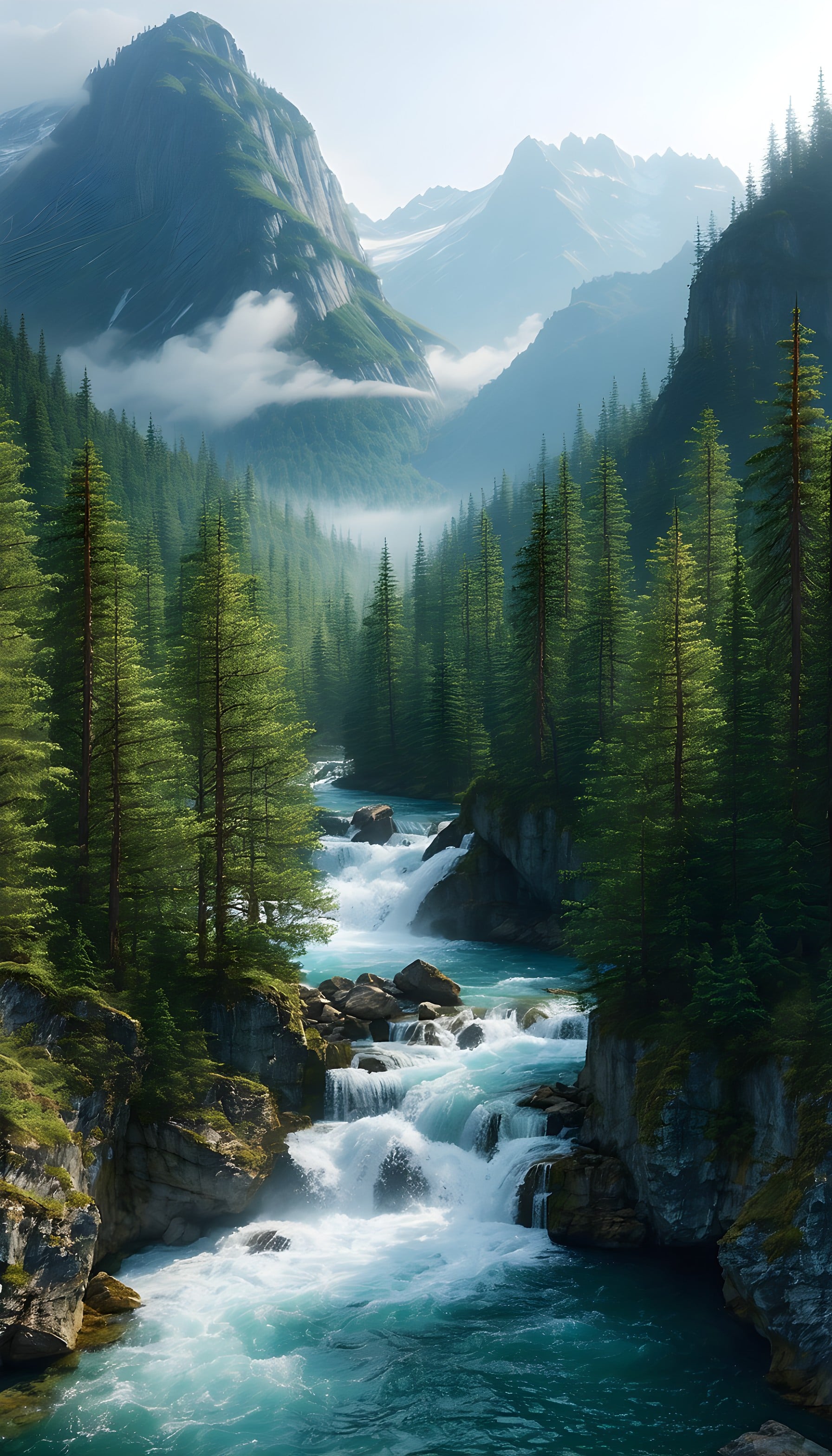 Mystical Mountain River Forest Valley Wallpaper, nature, landscape, mountain, river, waterfall, forest