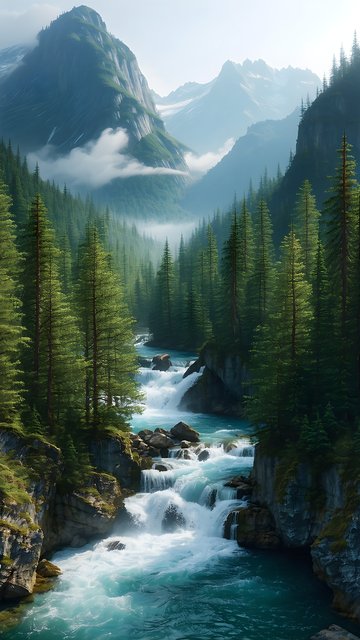 Mystical Mountain River Forest Valley Wallpaper