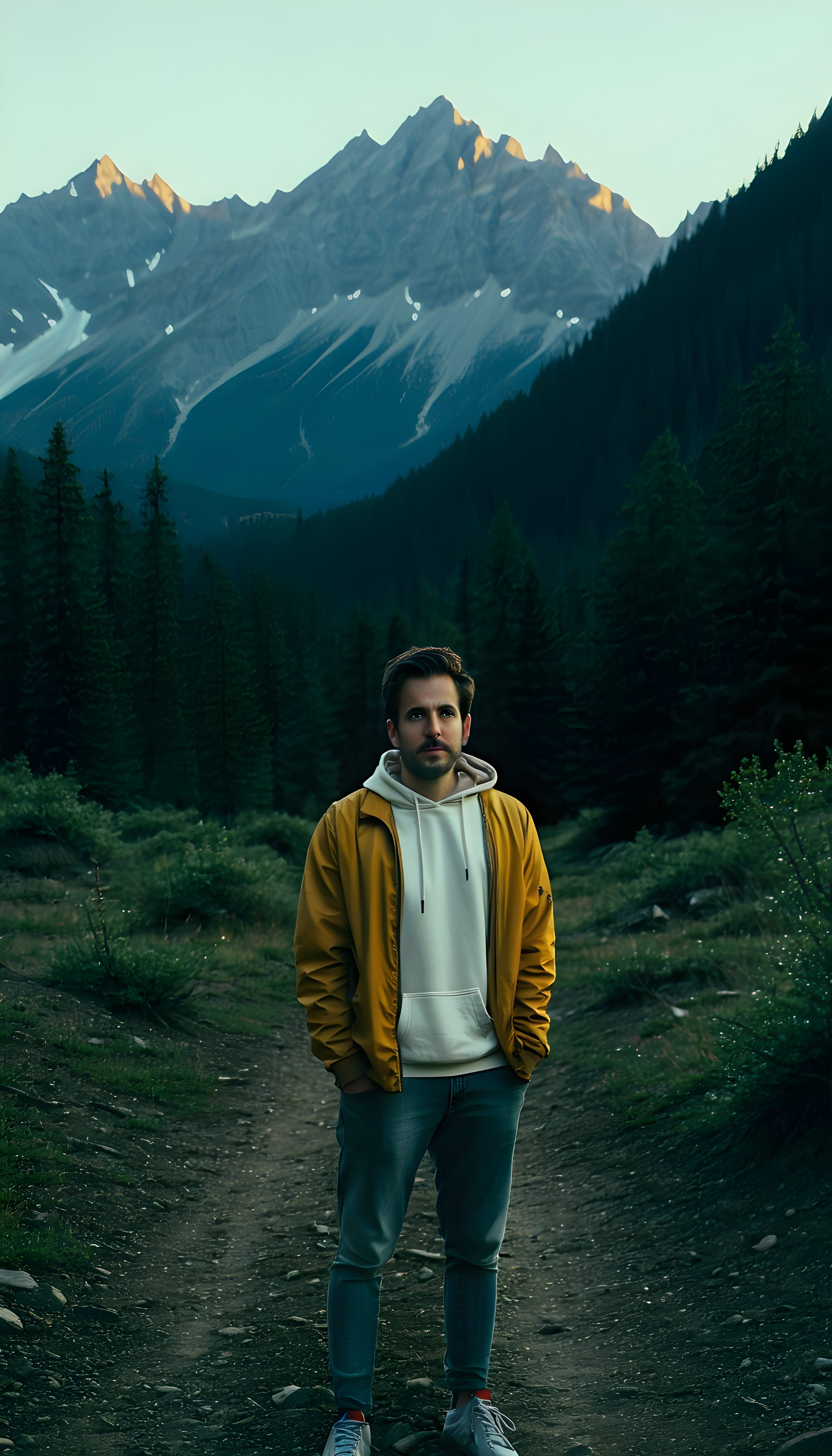 Man in Yellow Jacket, Misty Mountain Forest Path, man, hiker, mountains, forest, nature, adventure