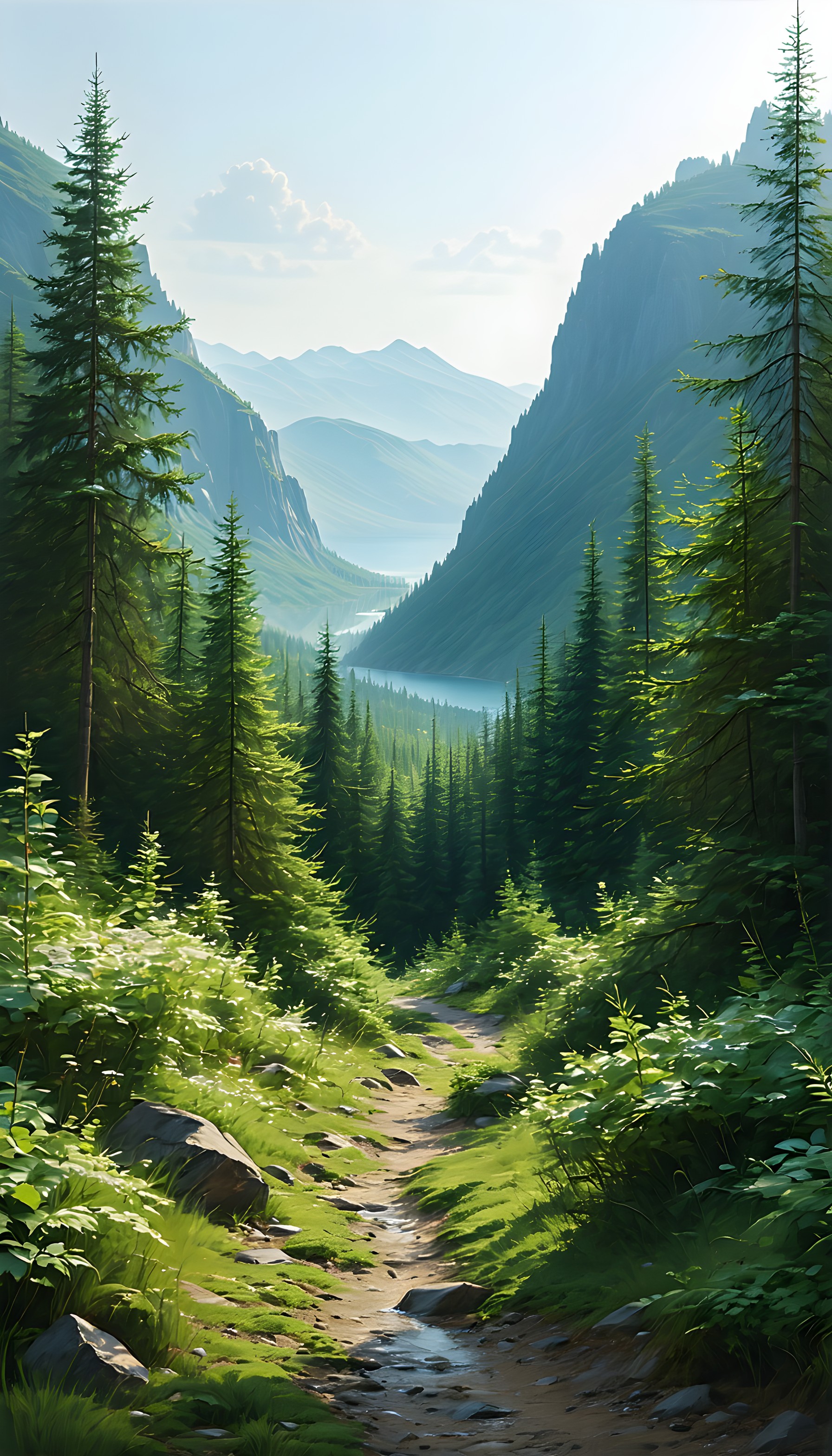 Lush Forest Path to Serene Mountain Valley, forest path, mountain valley, pine trees, nature, landscape, serene
