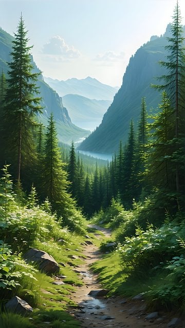 Lush Forest Path to Serene Mountain Valley