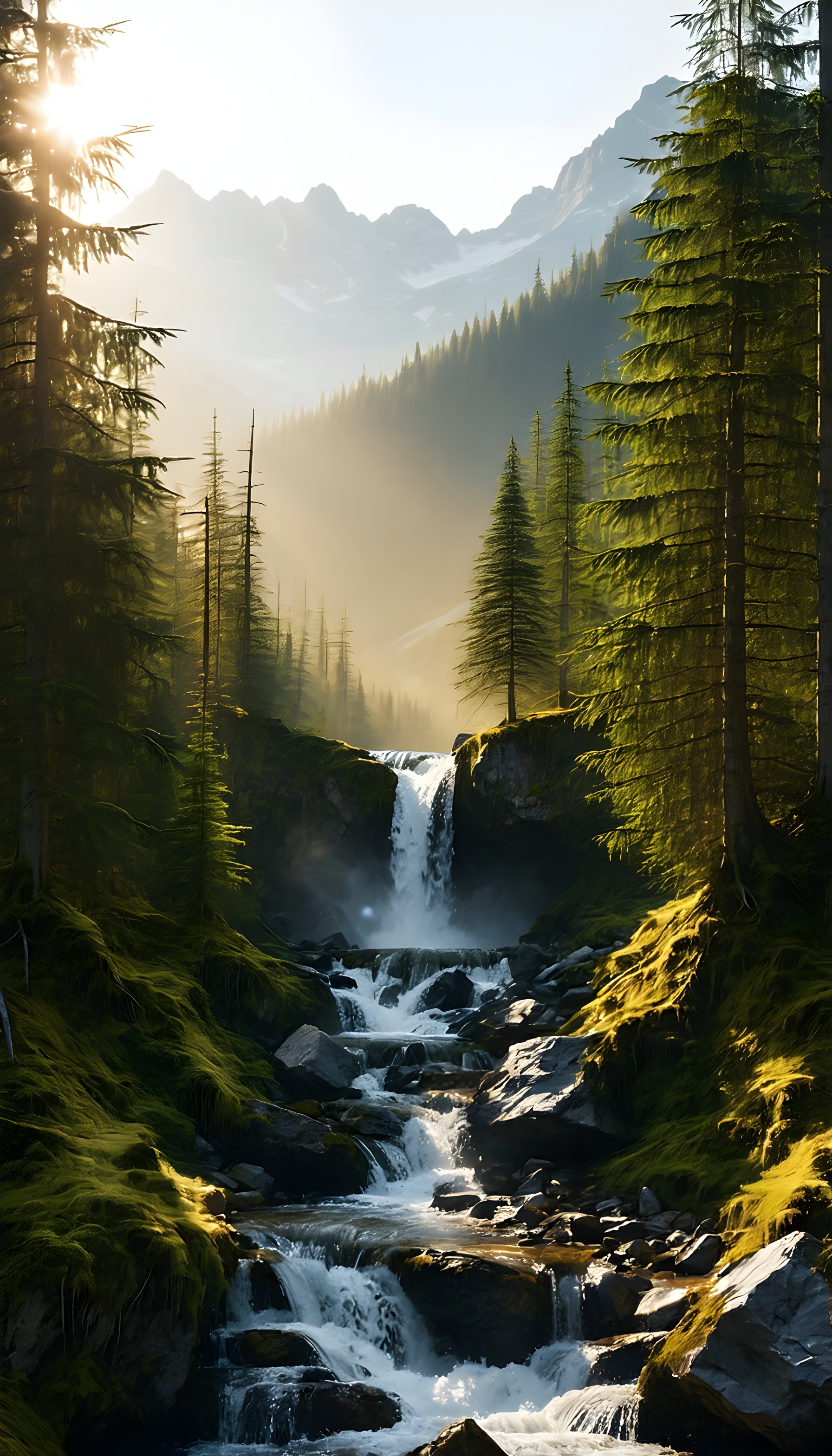 Sunlit Mountain Waterfall Forest Aesthetic Wallpaper, nature, waterfall, forest, mountains, sunlight, misty