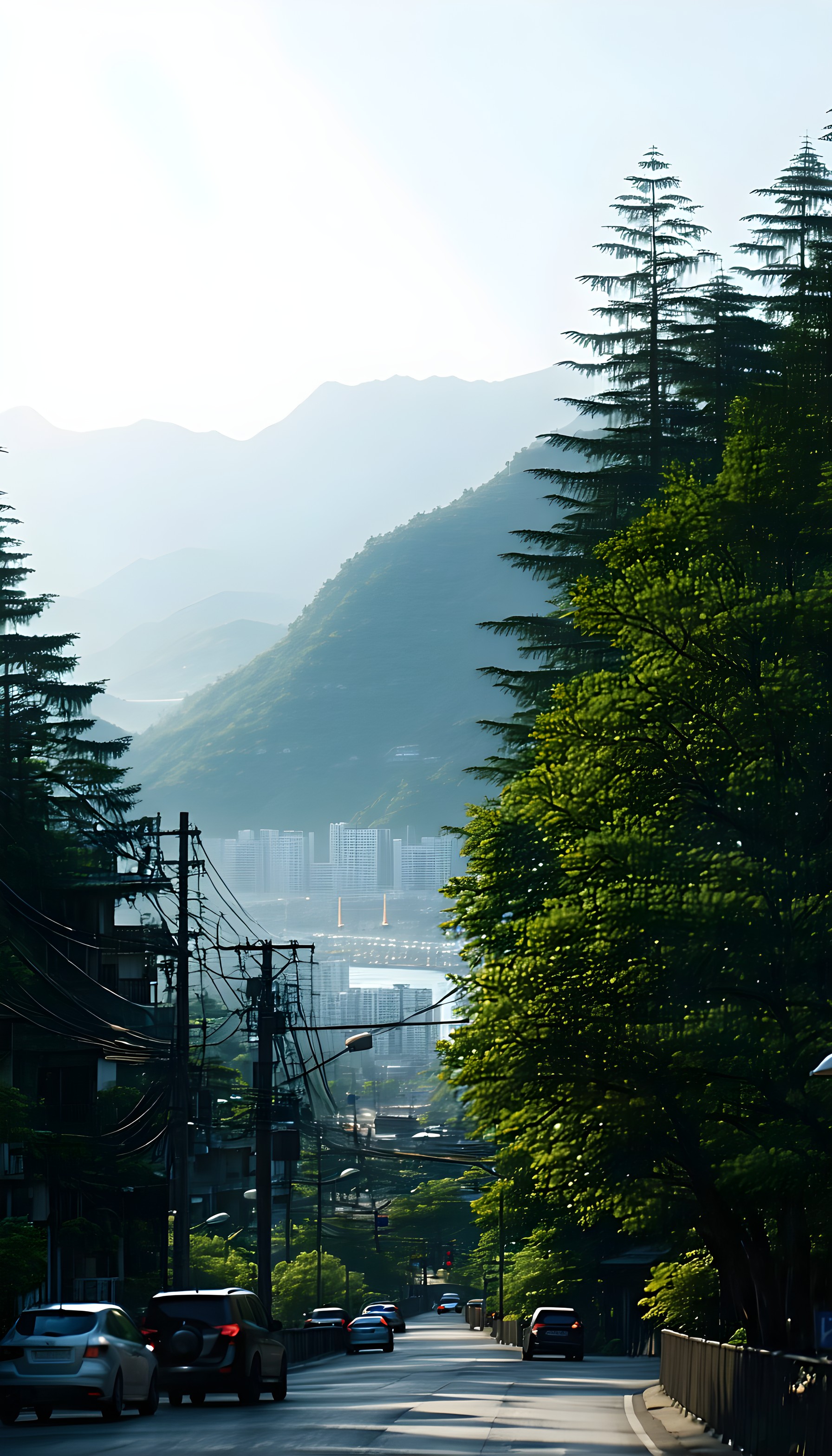 Hazy Mountain City Road with Green Trees, mountains, cityscape, road, urban nature, green trees, serene