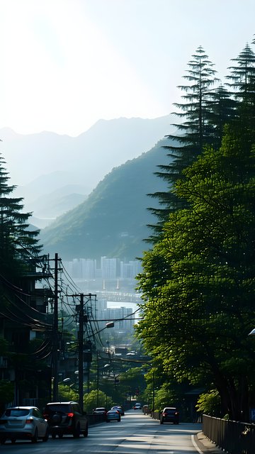 Hazy Mountain City Road with Green Trees