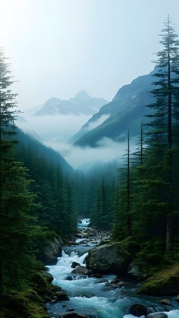 Misty Mountain River Valley Pine Forest Wallpaper