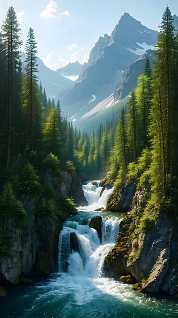 Majestic Cascading Waterfall in Lush Mountain Forest