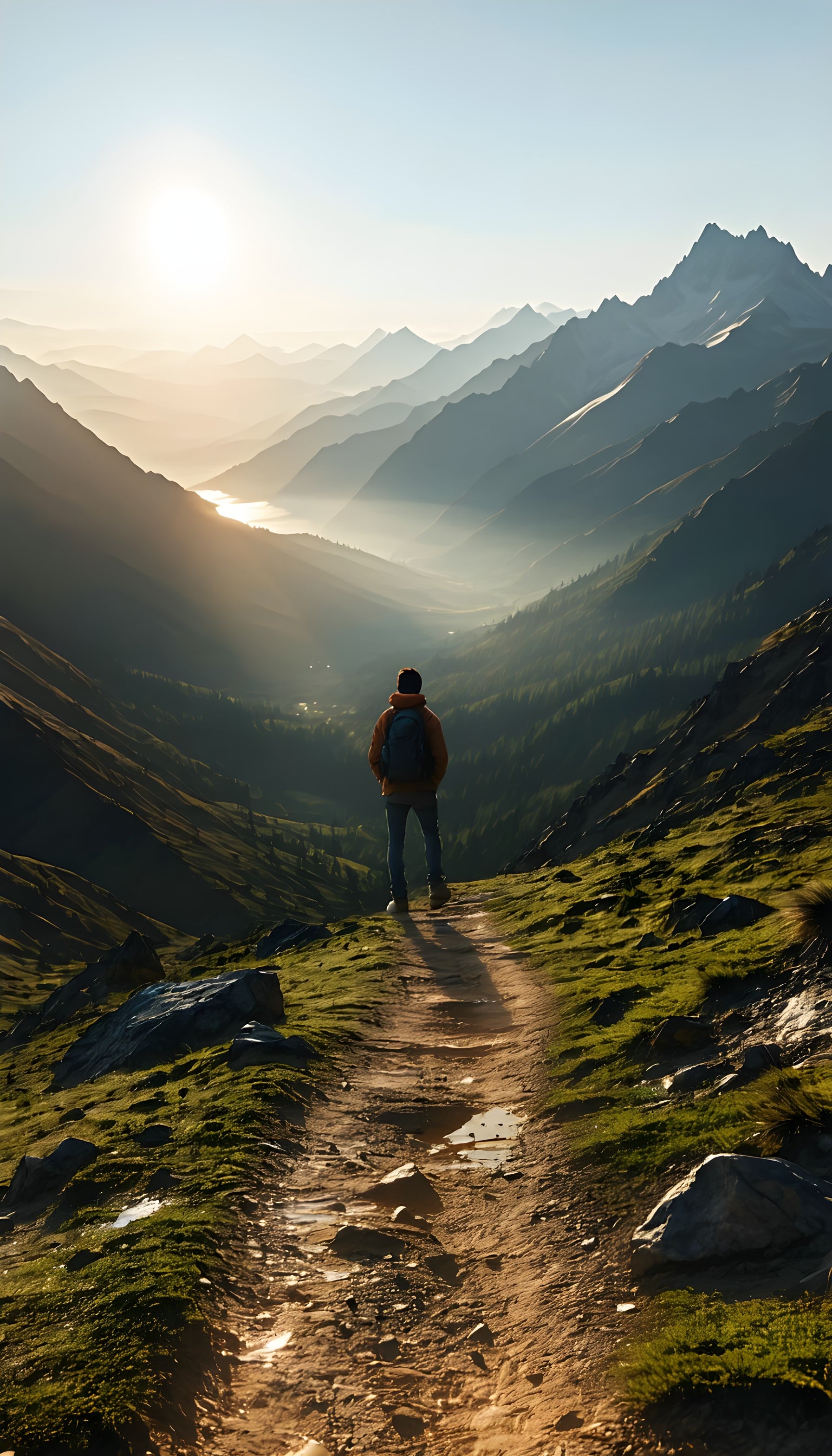 Hiker Overlooking Misty Mountain Valley Sunrise, hiker, mountains, mountain valley, sunrise, misty landscape, nature wallpaper