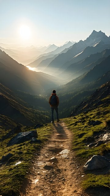 Hiker Overlooking Misty Mountain Valley Sunrise