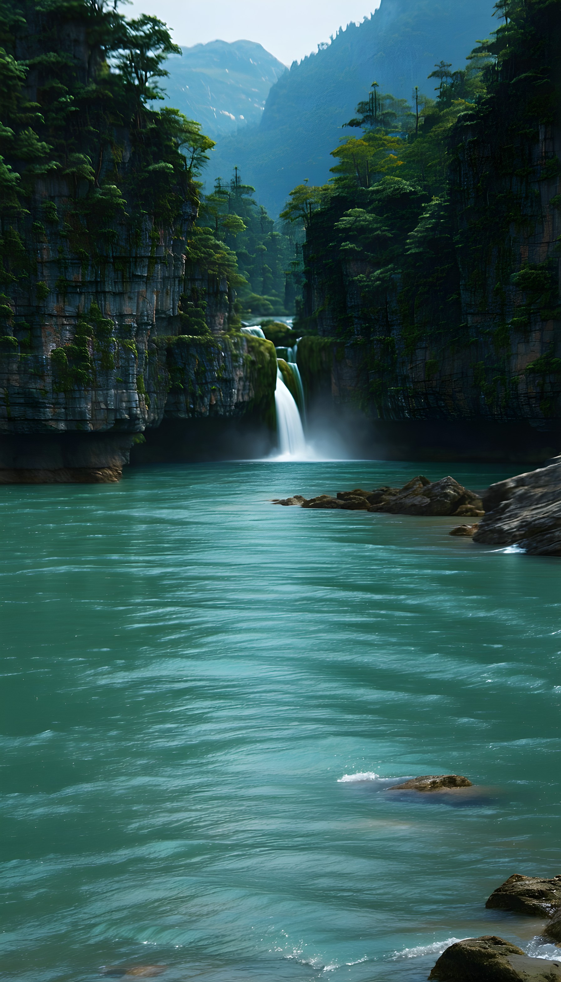 Majestic Waterfall Gorge & Teal River Wallpaper, waterfall, river, gorge, nature, mountains, forest
