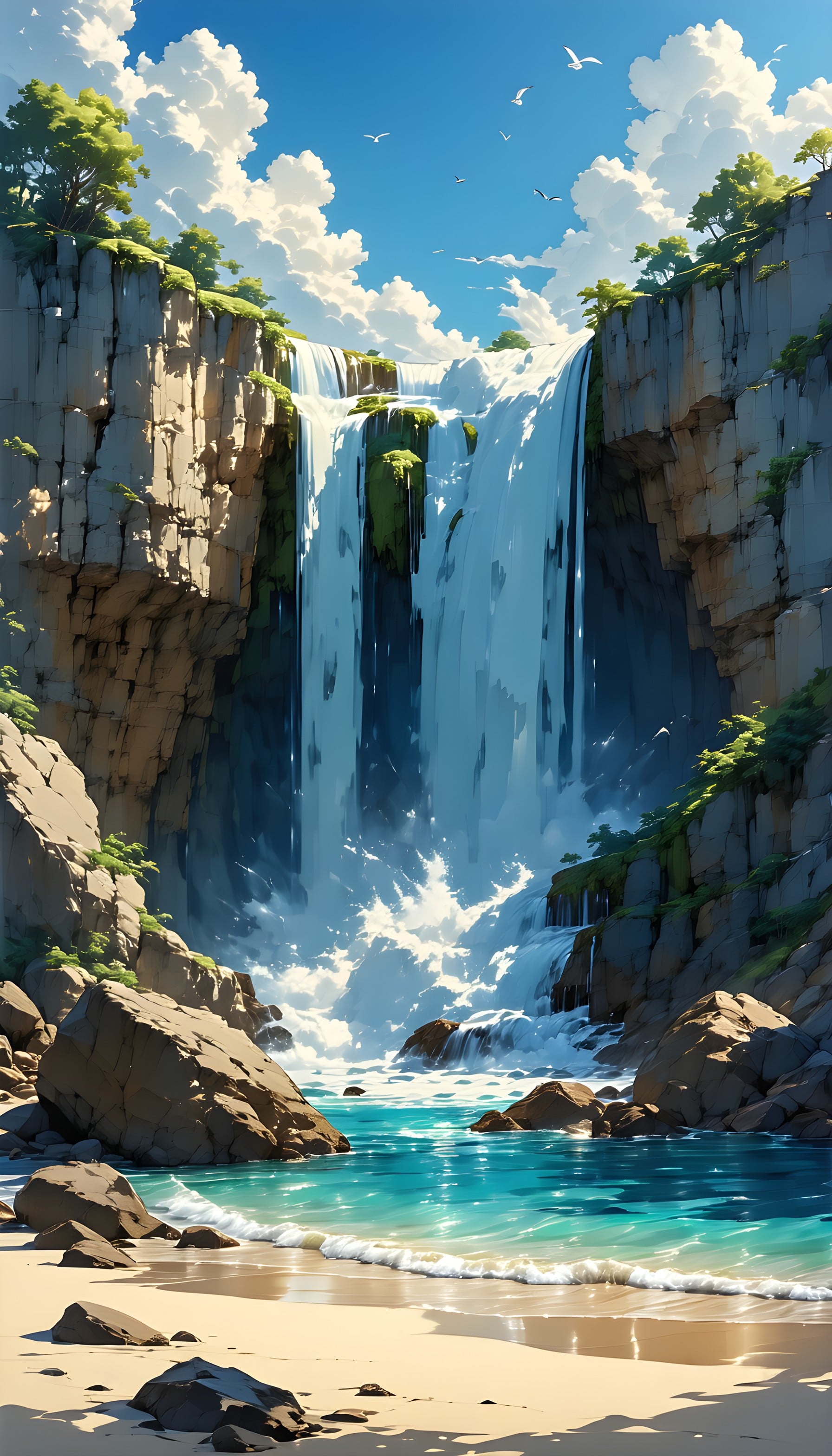 Vibrant Waterfall Beach Oasis Mobile Wallpaper, waterfall, beach, tropical paradise, blue, green, serene
