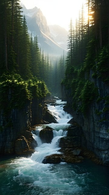 Enchanted Forest Waterfall & Misty Mountain Sunrise