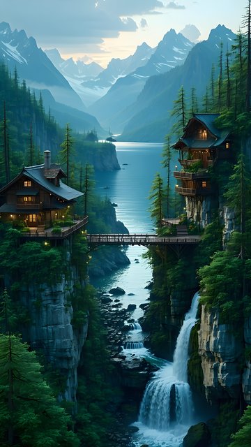 Enchanted Mountain Valley Cabins & Waterfall Wallpaper