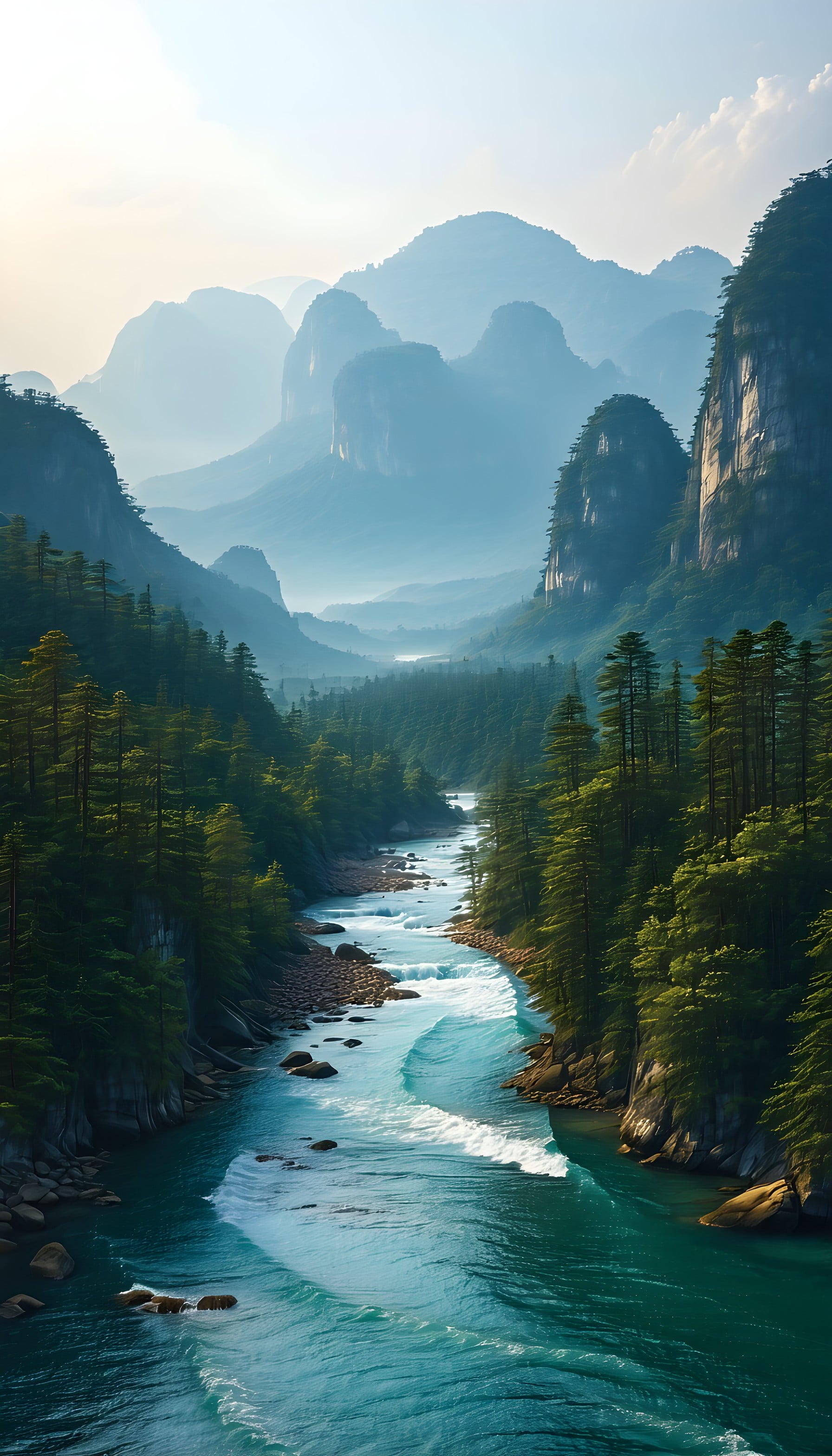 Serene Mountain River Valley Mobile Wallpaper, river, mountains, forest, landscape, nature, serene