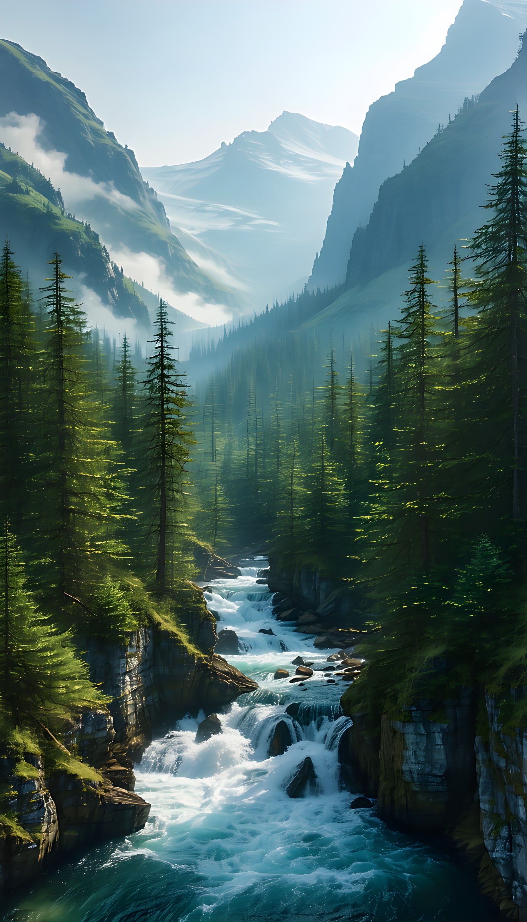 Serene Mountain River Valley Forest Waterfall, mountain river, forest waterfall, alpine valley, nature, landscape, pine trees