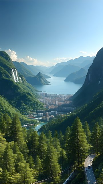 Majestic Mountain Lake Valley Cityscape Wallpaper