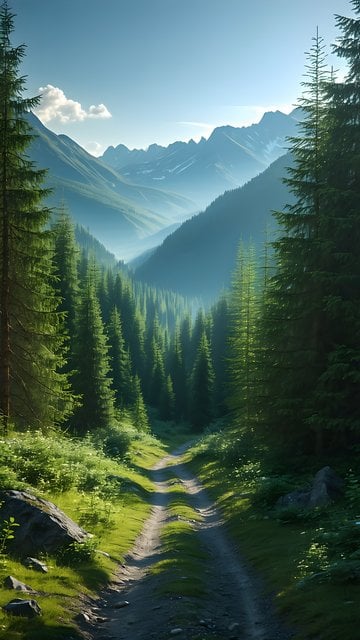 Misty Mountain Valley Forest Path Mobile Wallpaper