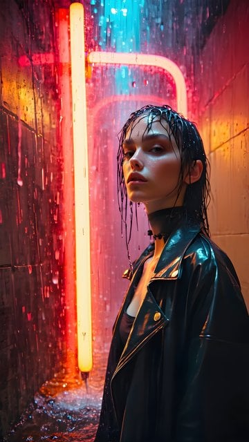 Wet Hair Neon Glow Cyberpunk Woman Portrait