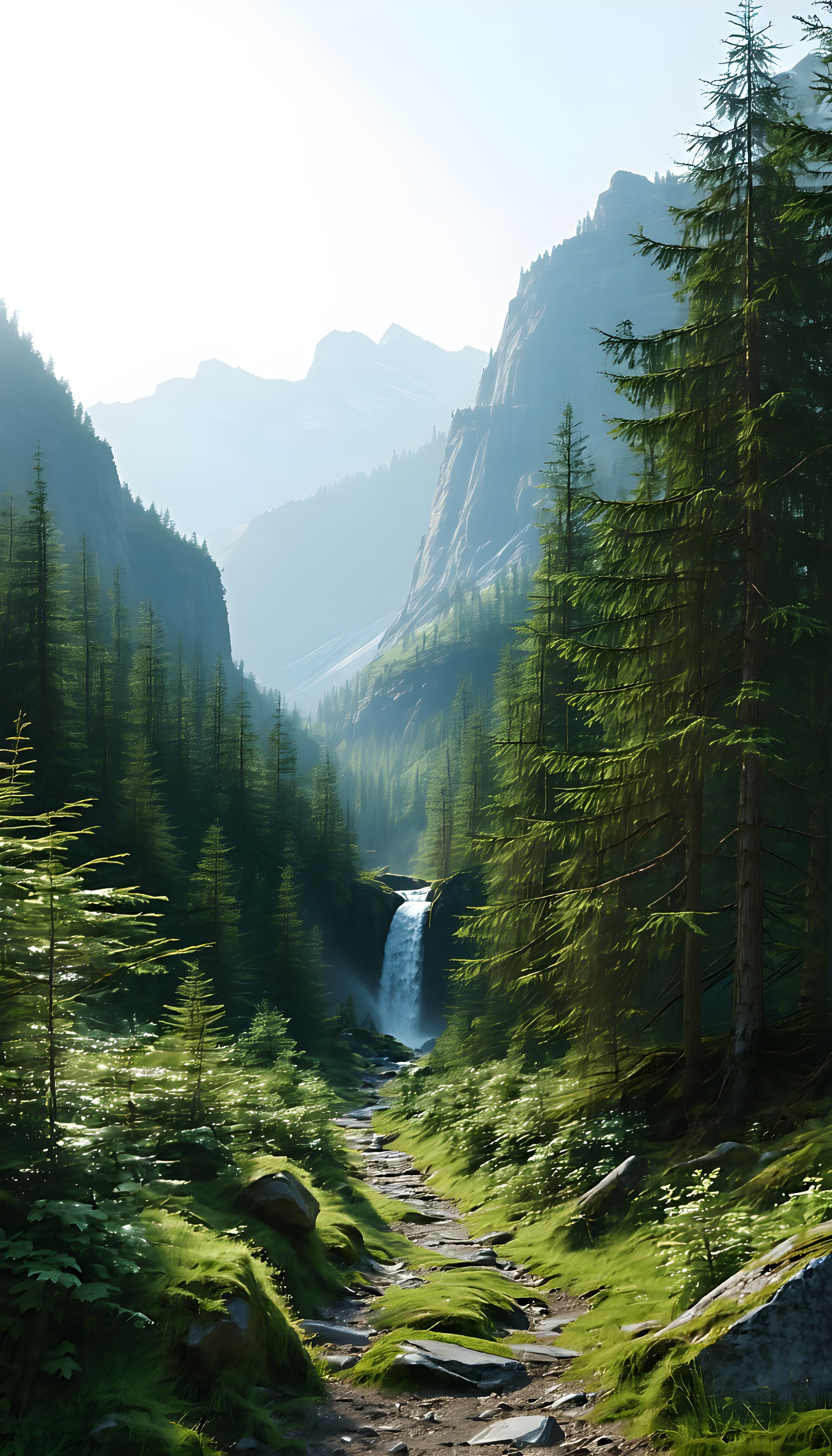 Enchanted Forest Path to Waterfall Mobile Wallpaper, forest, waterfall, mountains, path, nature, landscape