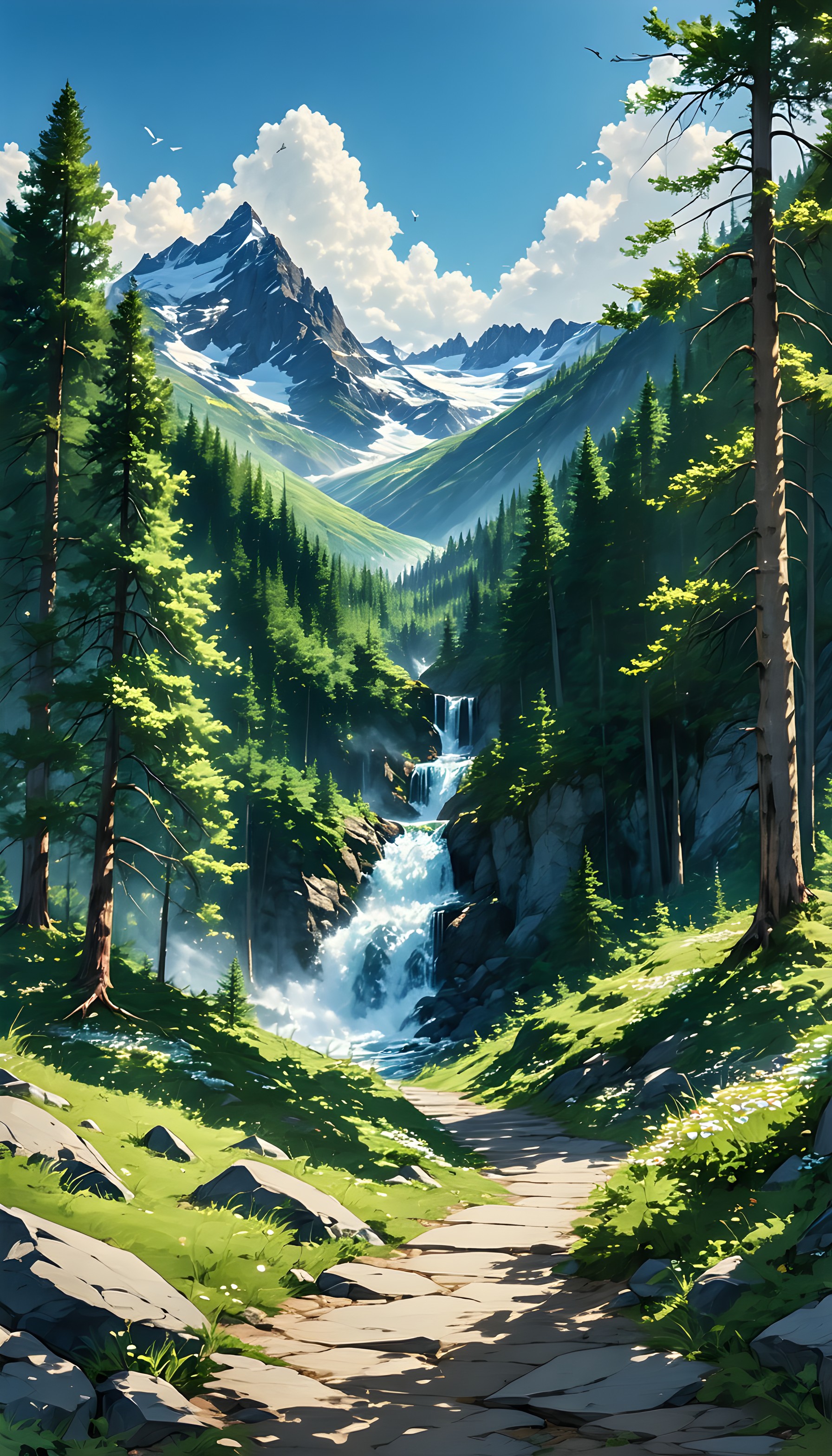 Scenic Mountain Waterfall Trail Wallpaper, mountain, waterfall, nature, forest, landscape, digital art
