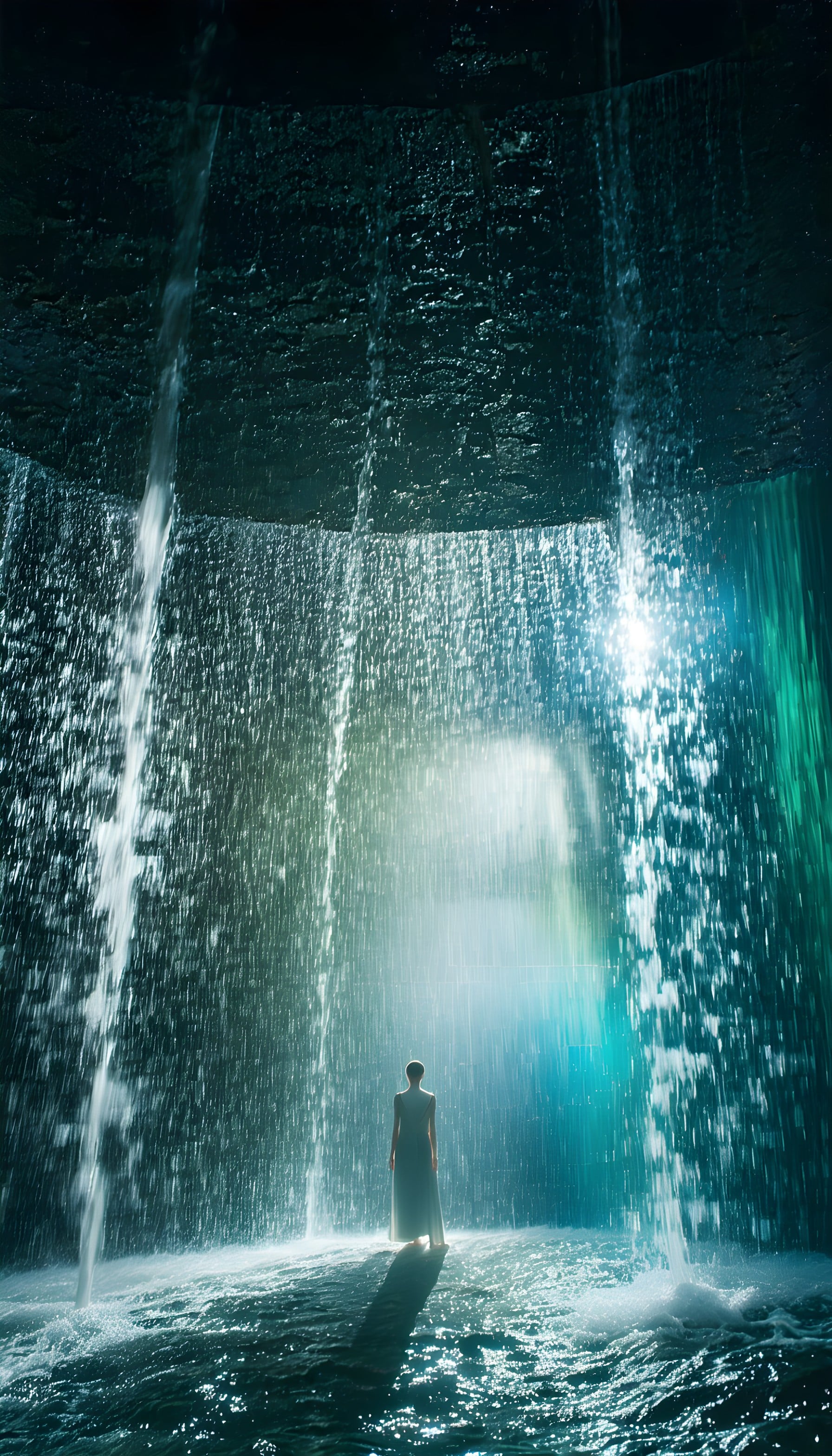 Ethereal Woman Under Glowing Waterfall Wallpaper, ethereal, waterfall, woman, glowing water, fantasy, mystery