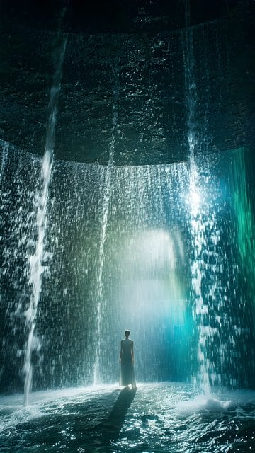 Ethereal Woman Under Glowing Waterfall Wallpaper
