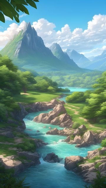 Vibrant Fantasy Mountain River Valley Wallpaper