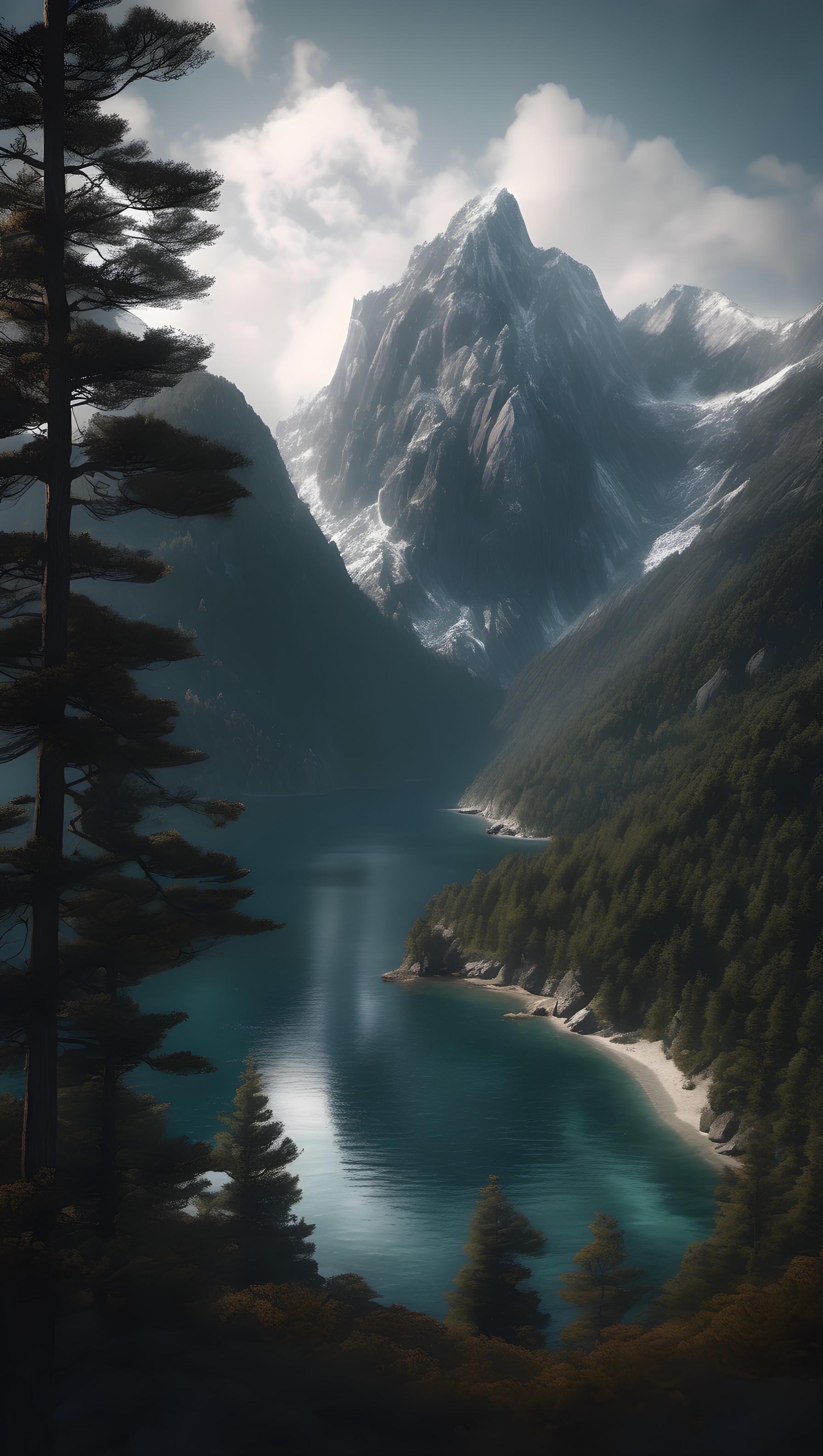 Majestic Fjord Landscape with Snowy Mountains & Pine, mountain, fjord, lake, landscape, snowy peaks, pine tree