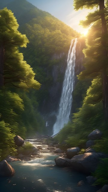 Majestic Waterfall Forest Sunlight Phone Wallpaper